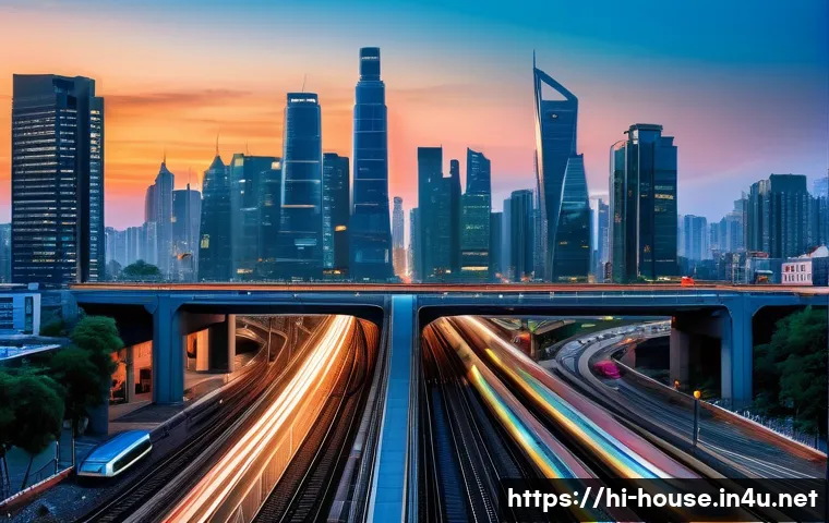 땅값 상승 지역 분석 - Bustling Urban Landscape with Advanced Infrastructure**
A vibrant, sprawling cityscape at dusk, show...
