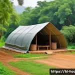 농막 설치 기준 - A sturdy nomadic shelter set in a lush green rural environment of India, showcasing strong wooden an...