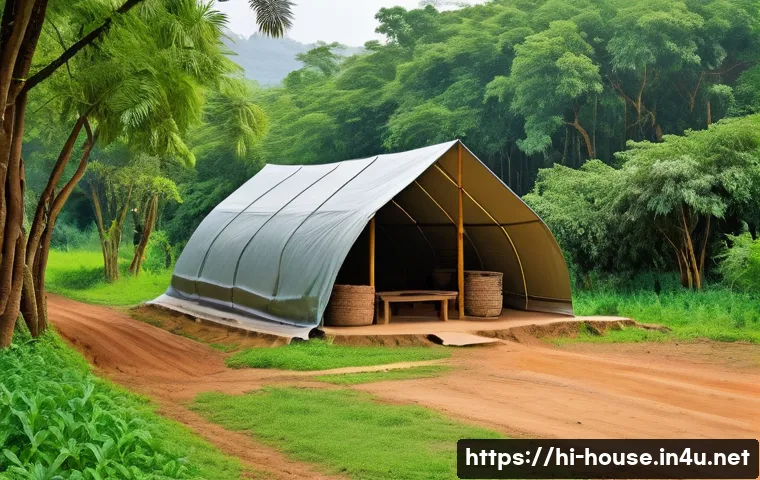 농막 설치 기준 - A sturdy nomadic shelter set in a lush green rural environment of India, showcasing strong wooden an...