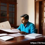 아파트 거래 시 유의사항 - A detailed scene showing a middle-aged Indian man carefully reviewing legal documents related to apa...