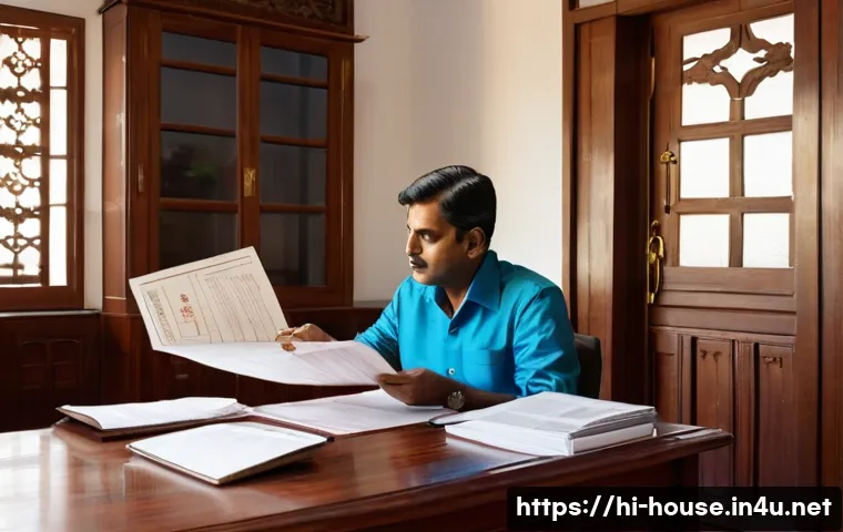 아파트 거래 시 유의사항 - A detailed scene showing a middle-aged Indian man carefully reviewing legal documents related to apa...