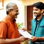 전세사기 예방법 - A detailed scene showing a young Indian tenant meeting a middle-aged Indian landlord at a modest urb...