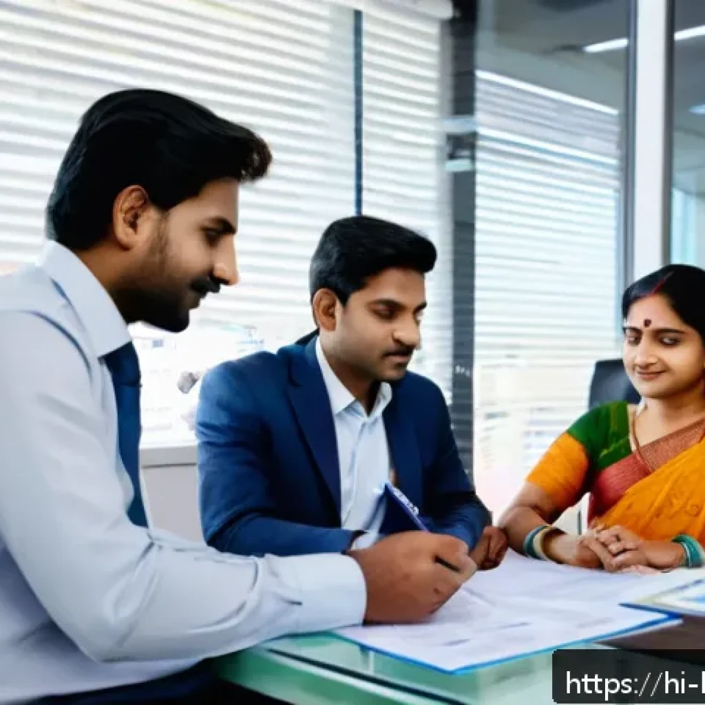 임대아파트 대출 지원 - A professional Indian couple sitting at a modern office desk, reviewing loan documents with a friend...