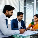 임대아파트 대출 지원 - A professional Indian couple sitting at a modern office desk, reviewing loan documents with a friend...