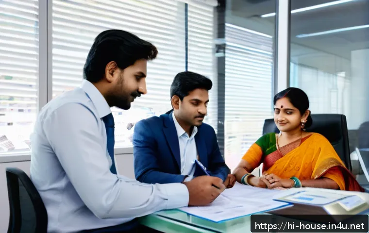 임대아파트 대출 지원 - A professional Indian couple sitting at a modern office desk, reviewing loan documents with a friend...