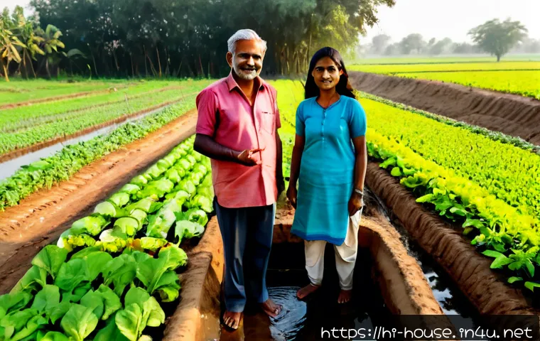 Home 17 지분 공유 토지 활용법 - Photorealistic rural Indian shared farmland, three adult co-owners standing beside clearly divided c...